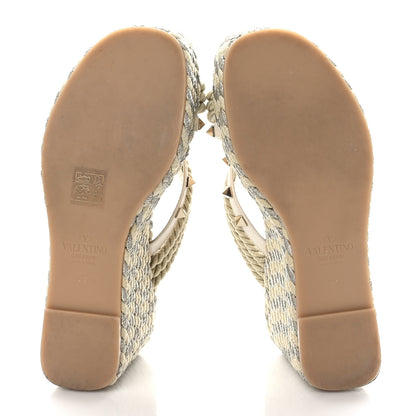 Valentino Garavani Calfskin Silk Rockstud Torchon Espadrille Wedge 25/95mm Slide Sandals 35 Light Ivory 5 of 8