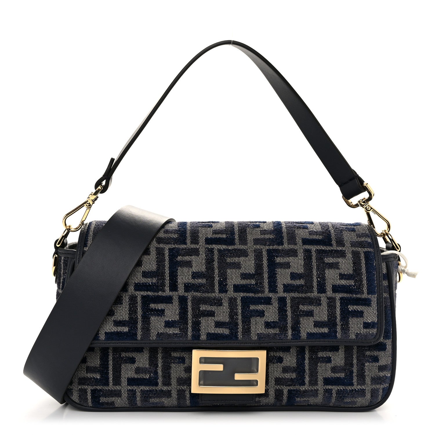 Fendi Chenille FF Embroidered Baguette Dark Blue Grey 1 of 9