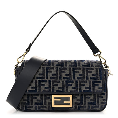 Fendi Chenille FF Embroidered Baguette Dark Blue Grey 1 of 9