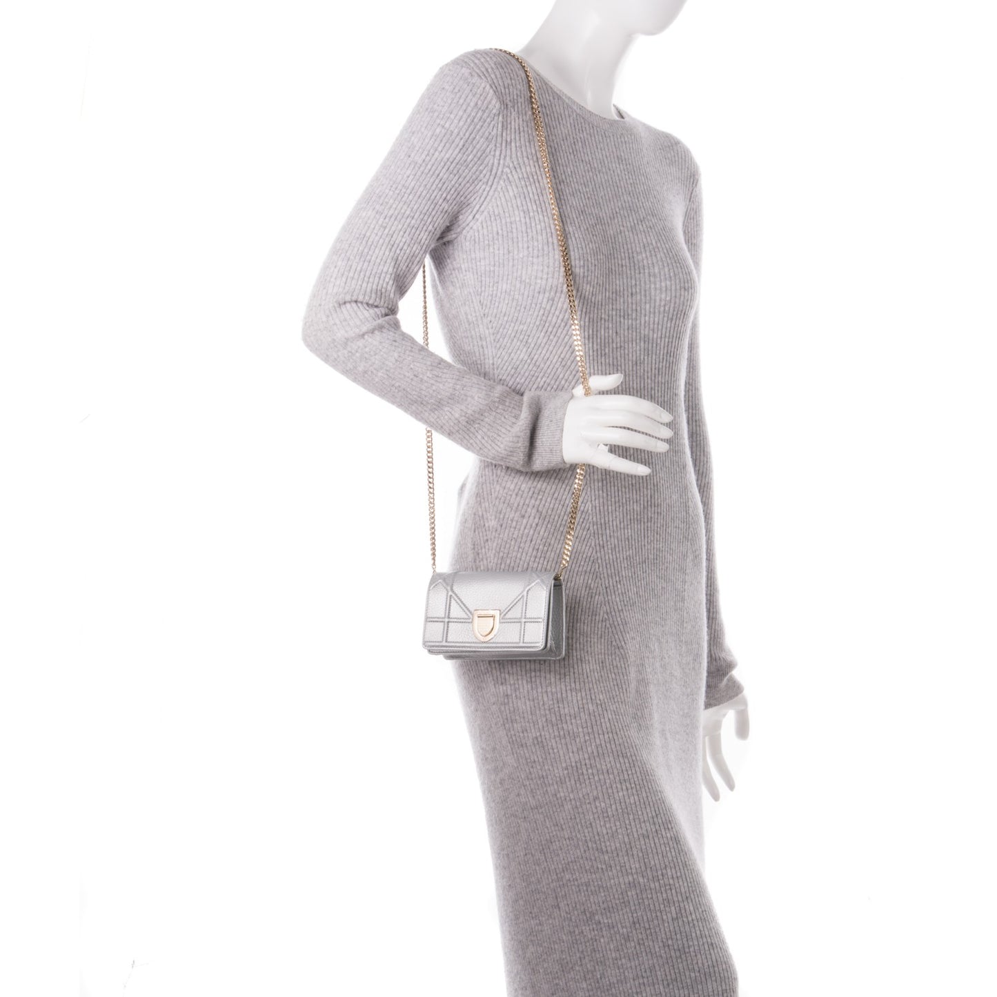 Metallic Grained Calfskin Baby Diorama Flap Bag Silver