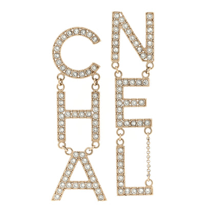 Chanel Crystal Cha-Nel Logo Drop Earrings Gold 1 of 5