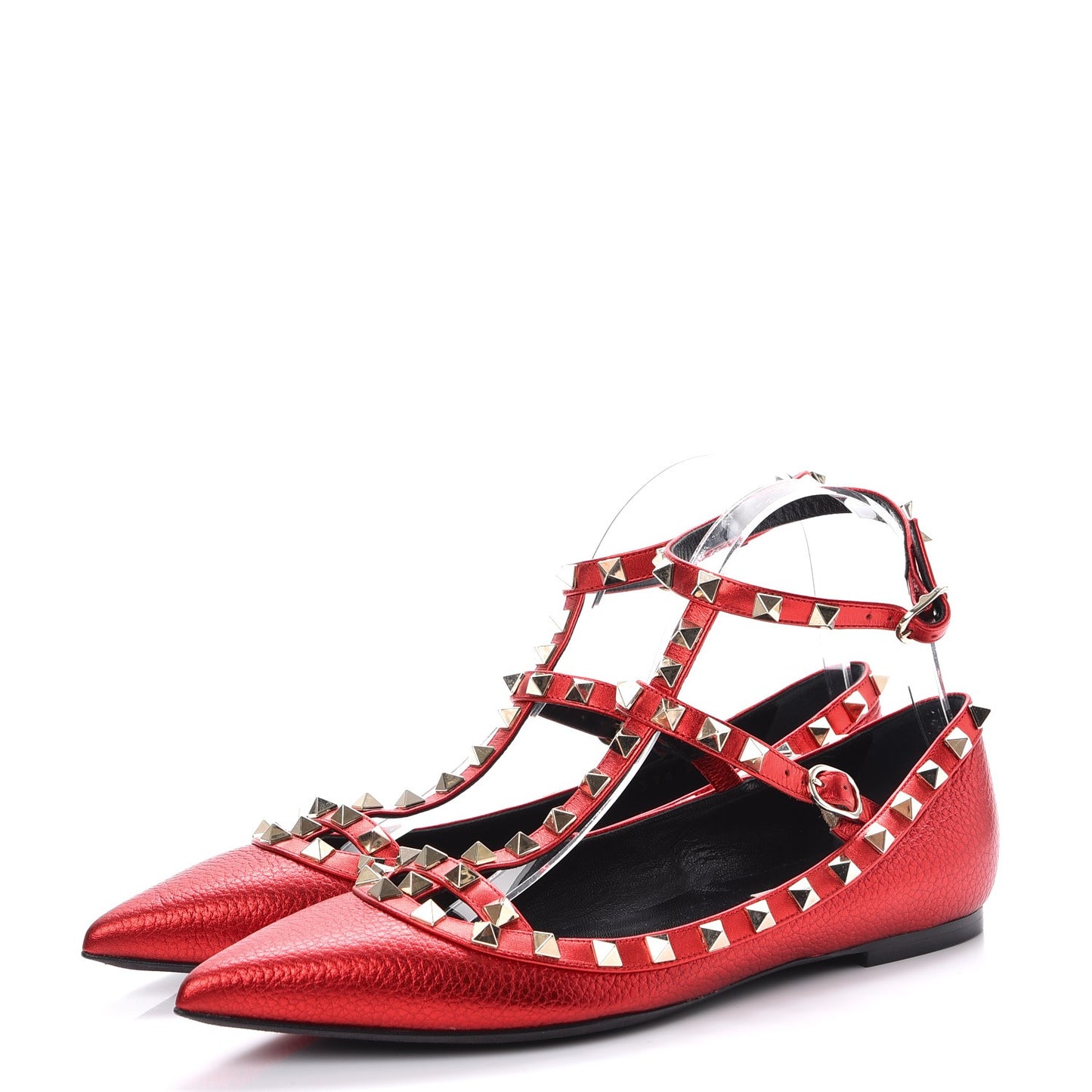Metallic Pebbled Calfskin Rockstud Cage Ballerina Flats 38.5 Rosso Valentino