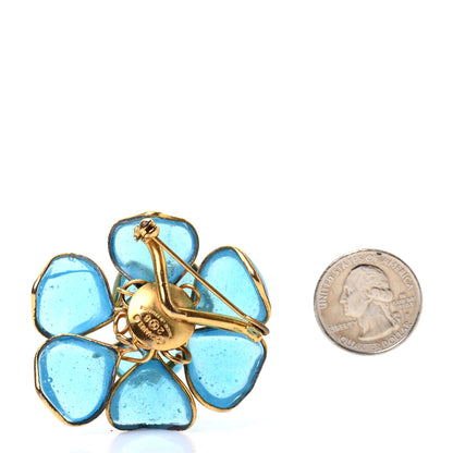 Chanel Gripoix Poured Glass Pearl Camellia Brooch Blue Gold 3 of 4