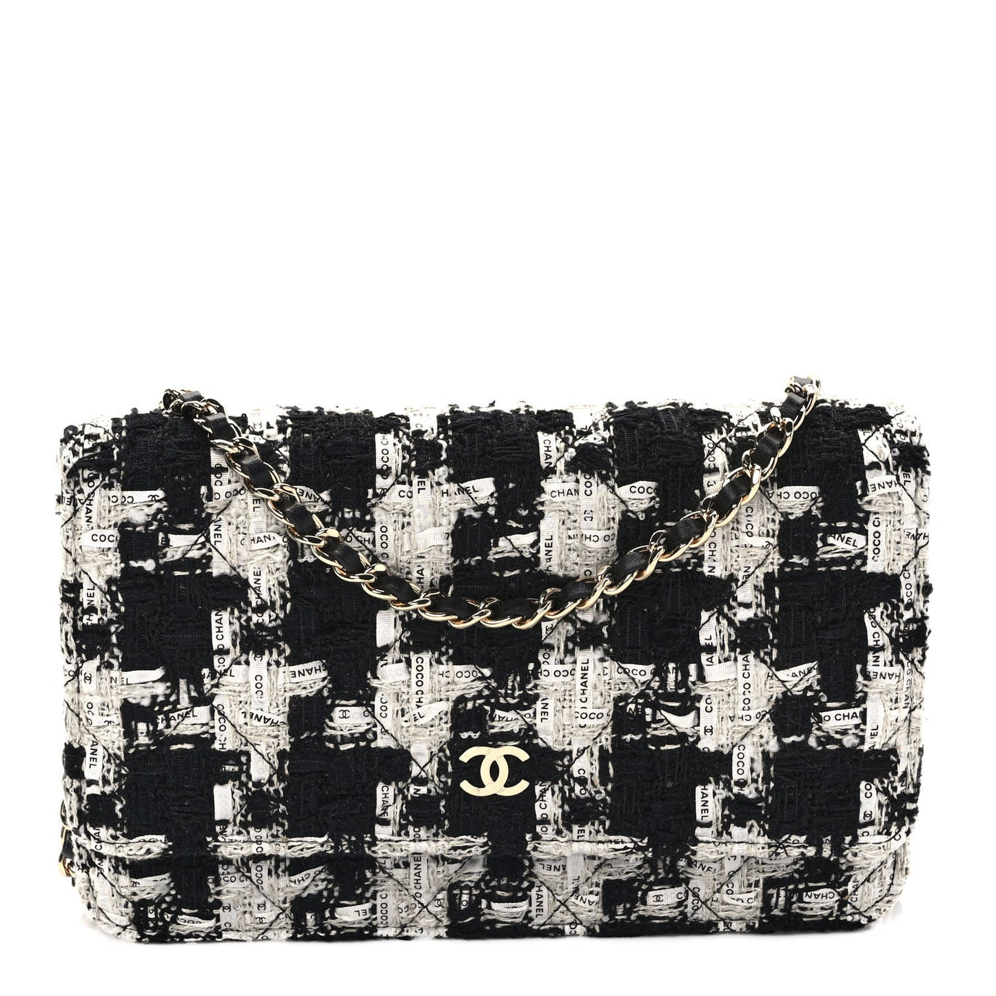 Tweed Quilted Wallet On Chain WOC Black Ecru White