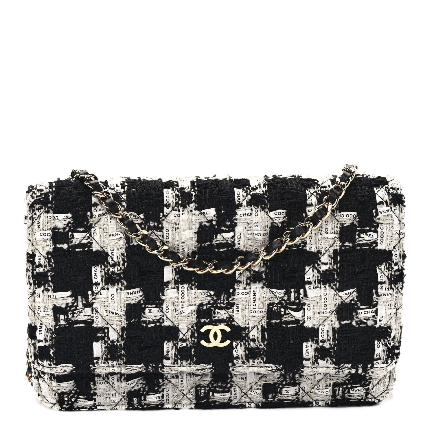 Chanel Tweed Quilted Wallet On Chain WOC Black Ecru White 1 of 10