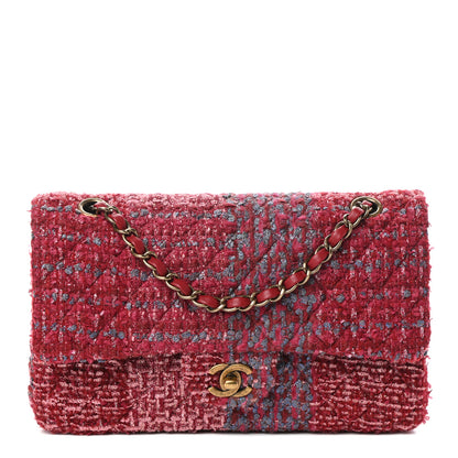 Chanel Tweed Quilted Medium Double Flap Raspberry Blue Pink 1 of 10