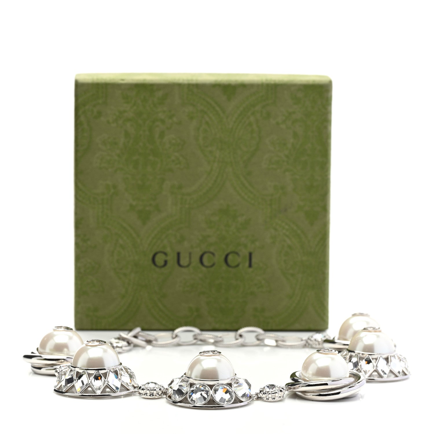 Gucci Pearl Strass Resin Embellished Double G Necklace Silver 7 of 7