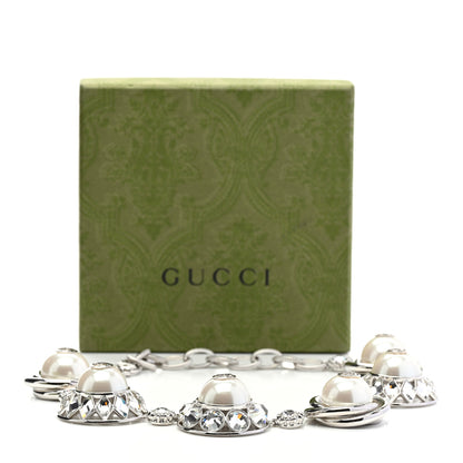 Gucci Pearl Strass Resin Embellished Double G Necklace Silver 7 of 7