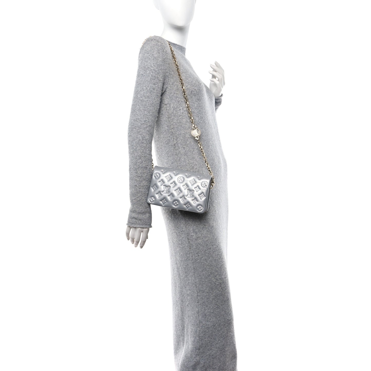 Metallic Lambskin Embossed Monogram Pochette Coussin Silver