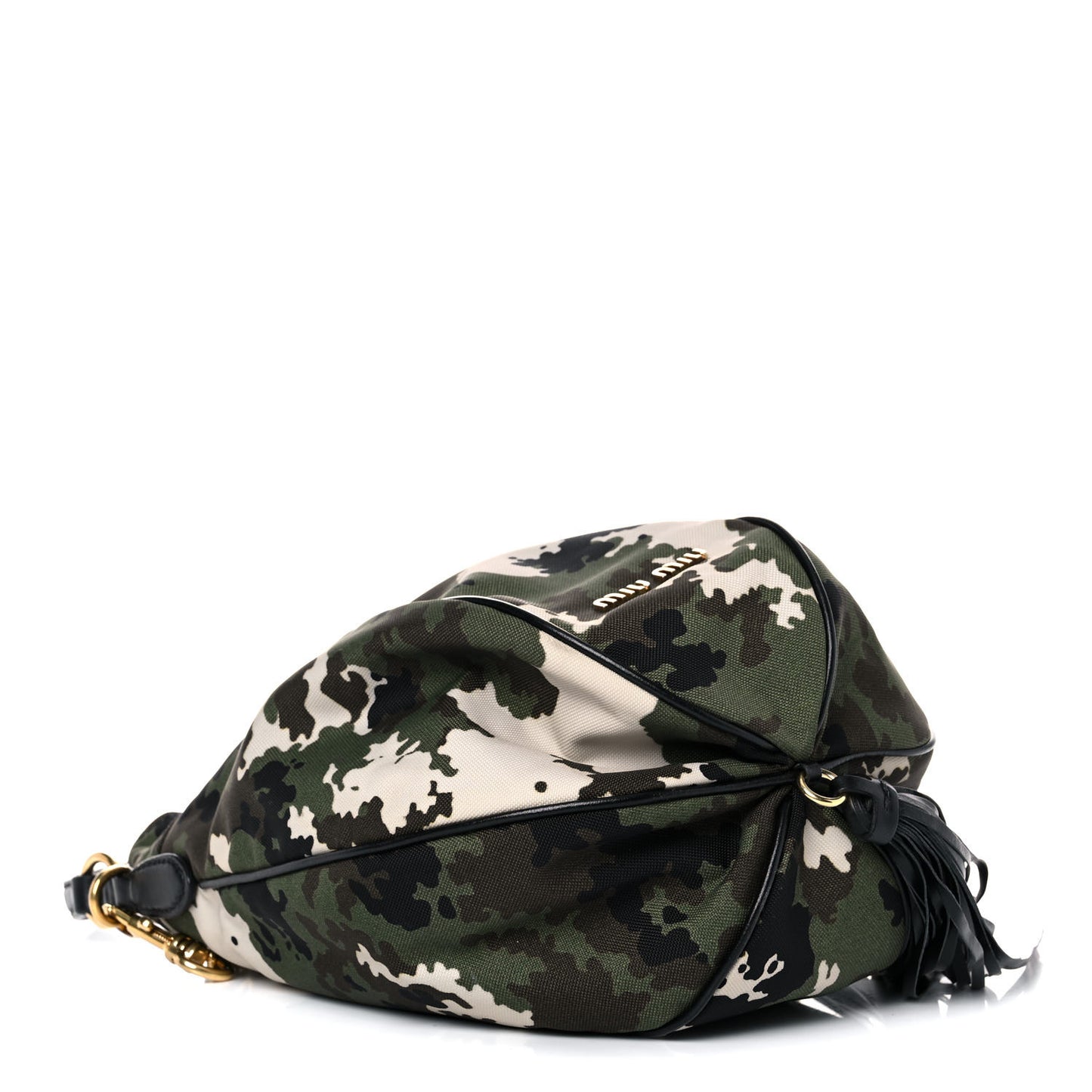 Canvas Calfskin Camo Print Drawstring Bucket Bag