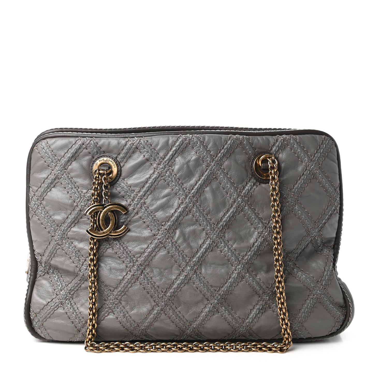 Calfskin Quilted Stitch Triptych Tote Grey