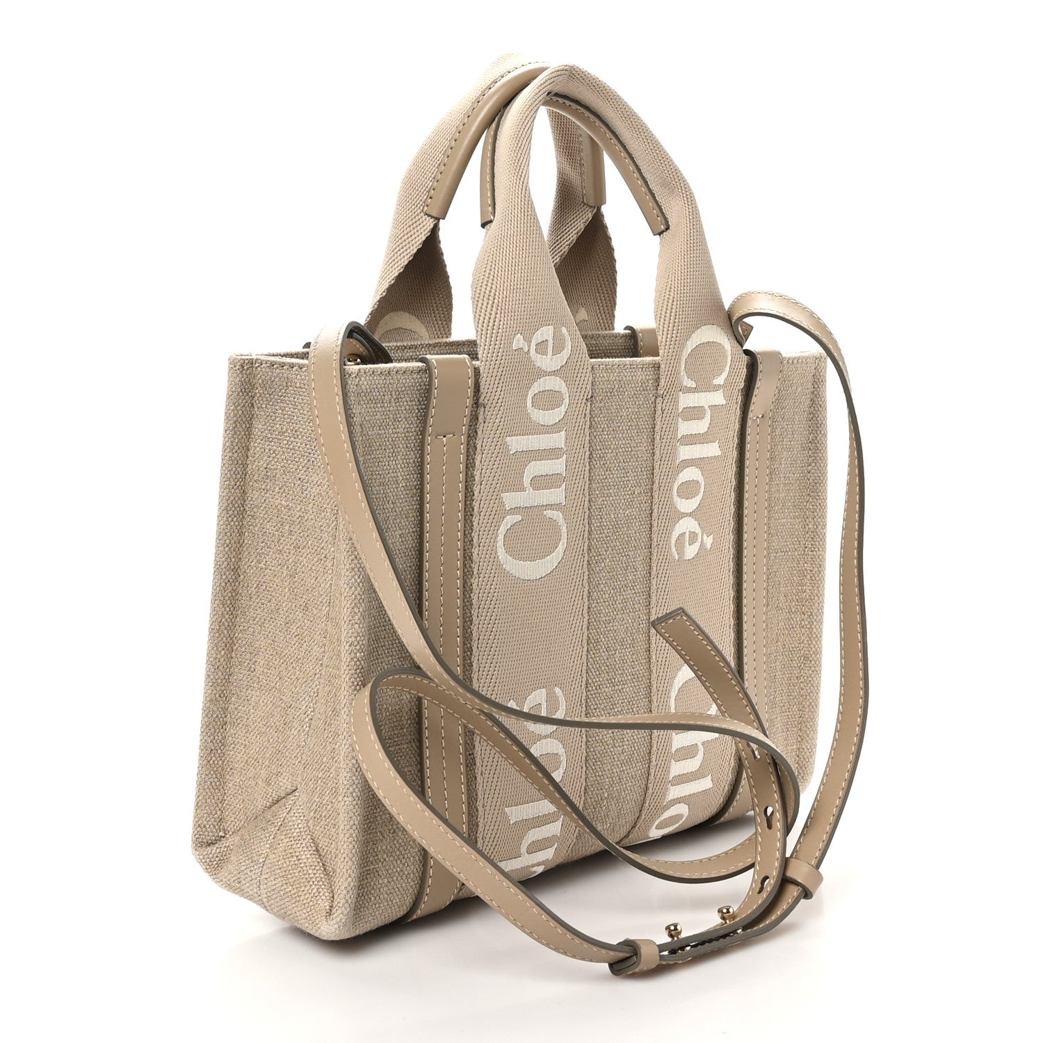 Chloe Linen Calfskin Small Woody Ribbon Tote With Strap Boyish Brown 3 of 9
