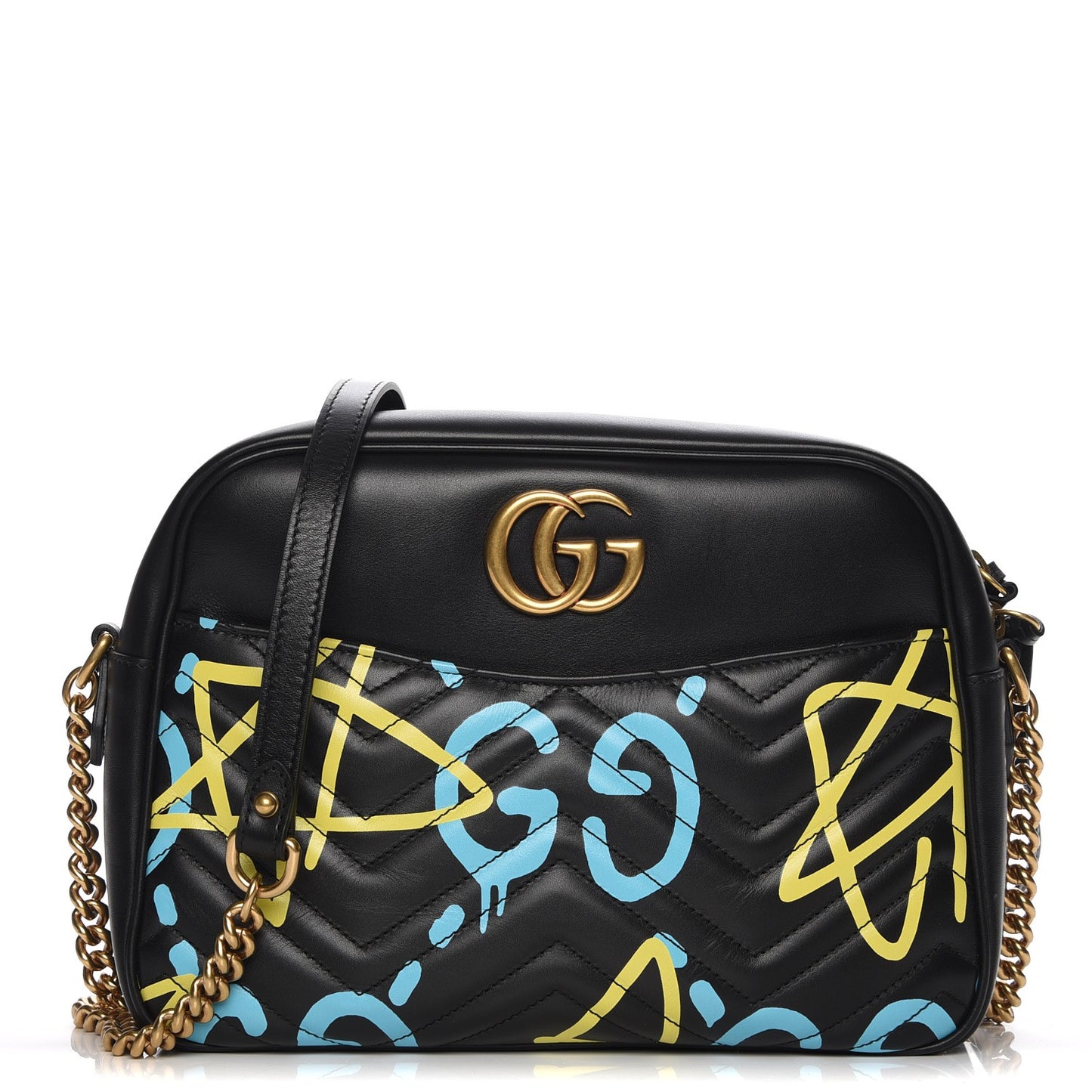 Calfskin Matelasse GucciGhost Medium GG Marmont Chain Shoulder Bag Black New Acquamarine