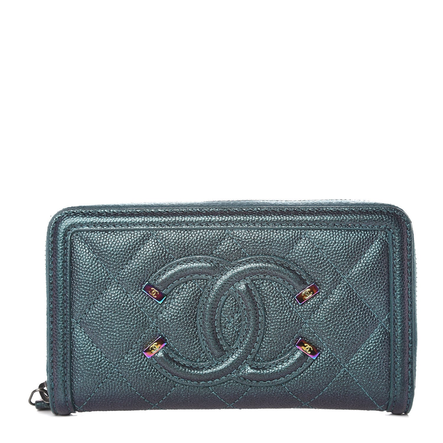 Chanel Iridescent Caviar Quilted Medium Filigree Zip Around Wallet Dark Turquoise 1 of 12