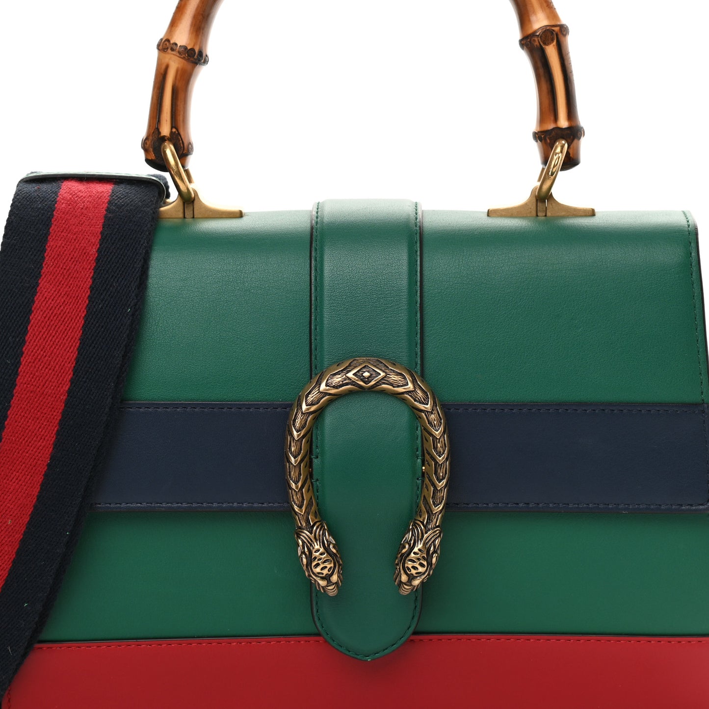 Moon Calfskin Web Medium Dionysus Bamboo Top Handle Bag Emerald Blue Hibiscus Red