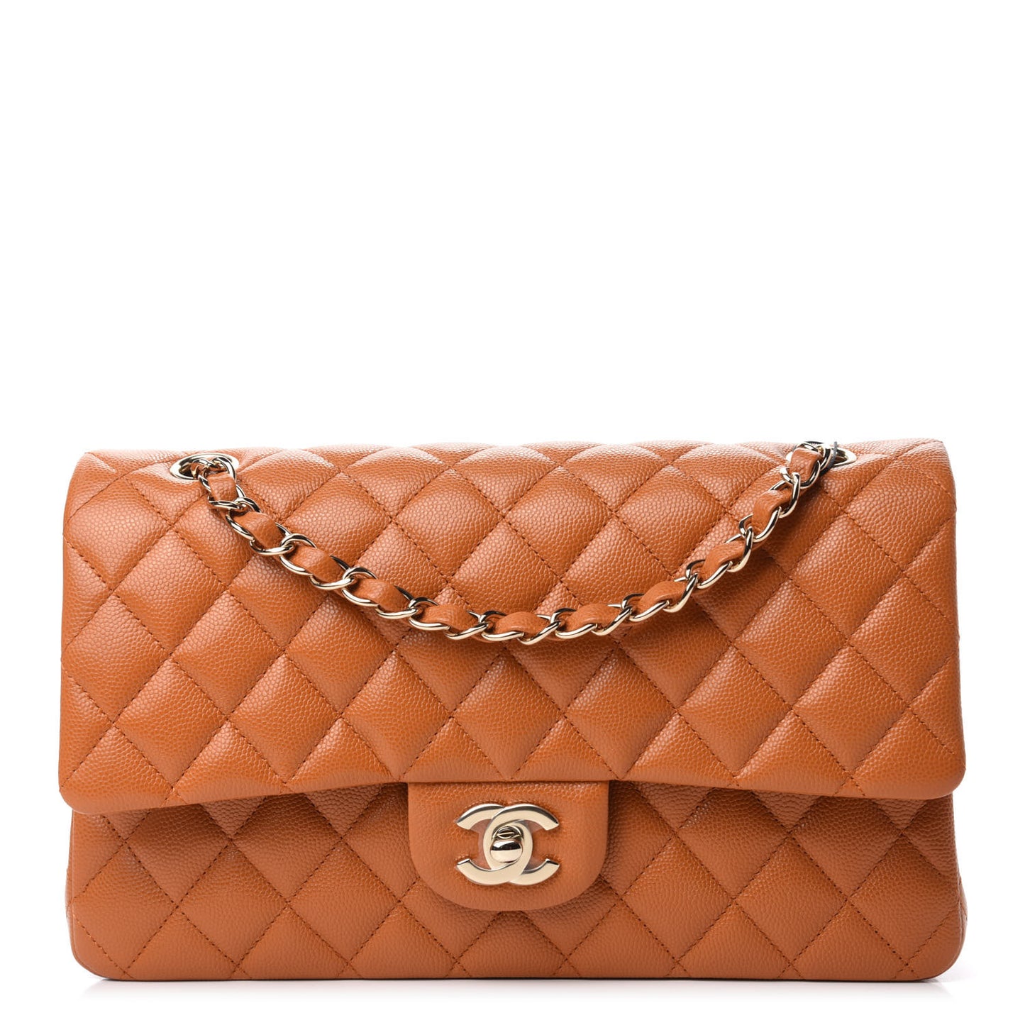 Caviar Quilted Medium Double Flap Light Brown