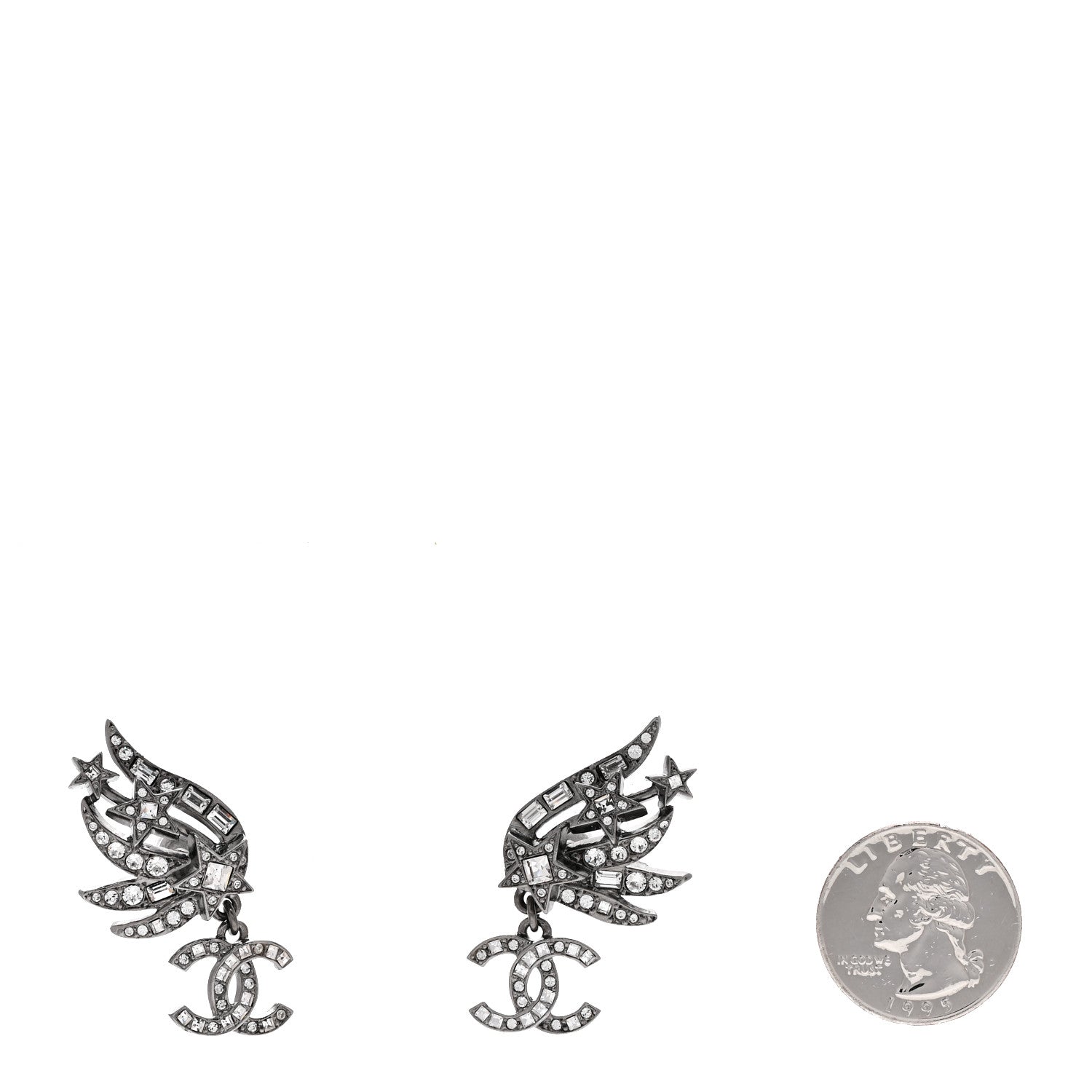 Chanel Crystal Baguette CC Wing Star Earrings Silver 2 of 4