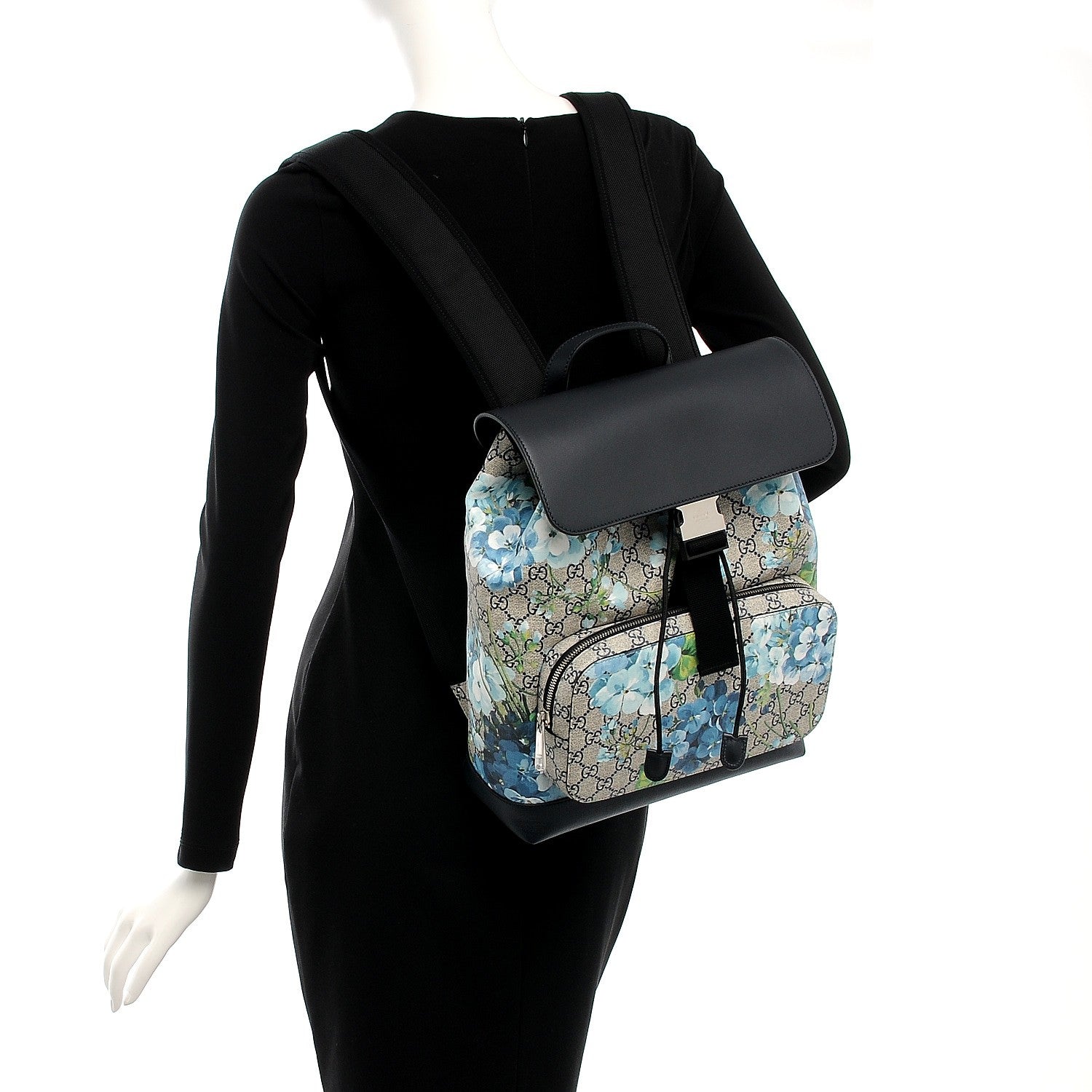 Gucci GG Supreme Monogram Blooms Medium Single Buckle Backpack Beige Blue Navy 2 of 8