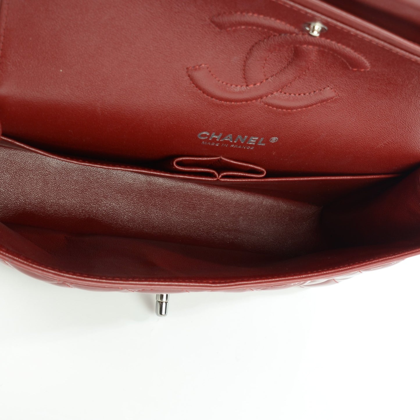 Patent Calfskin Quilted Medium Double Flap Red