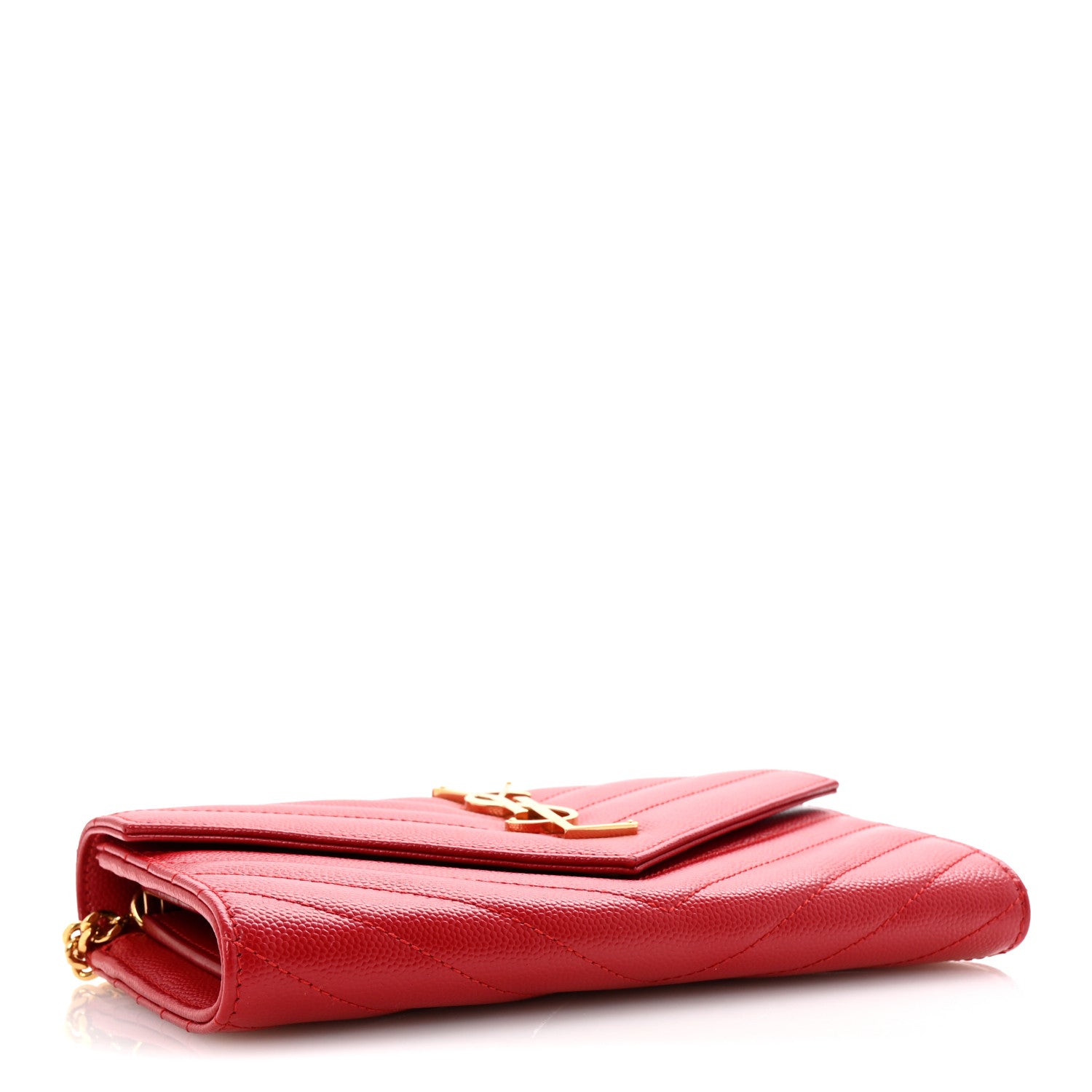 Saint Laurent Grain De Poudre Matelasse Chevron Small Monogram Chain Wallet Red 4 of 11