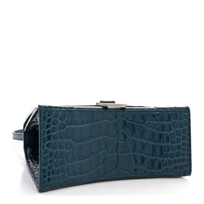 Balenciaga Shiny Calfskin Crocodile Embossed Small Hourglass Top Handle Bag Dark Petrol Blue 3 of 10
