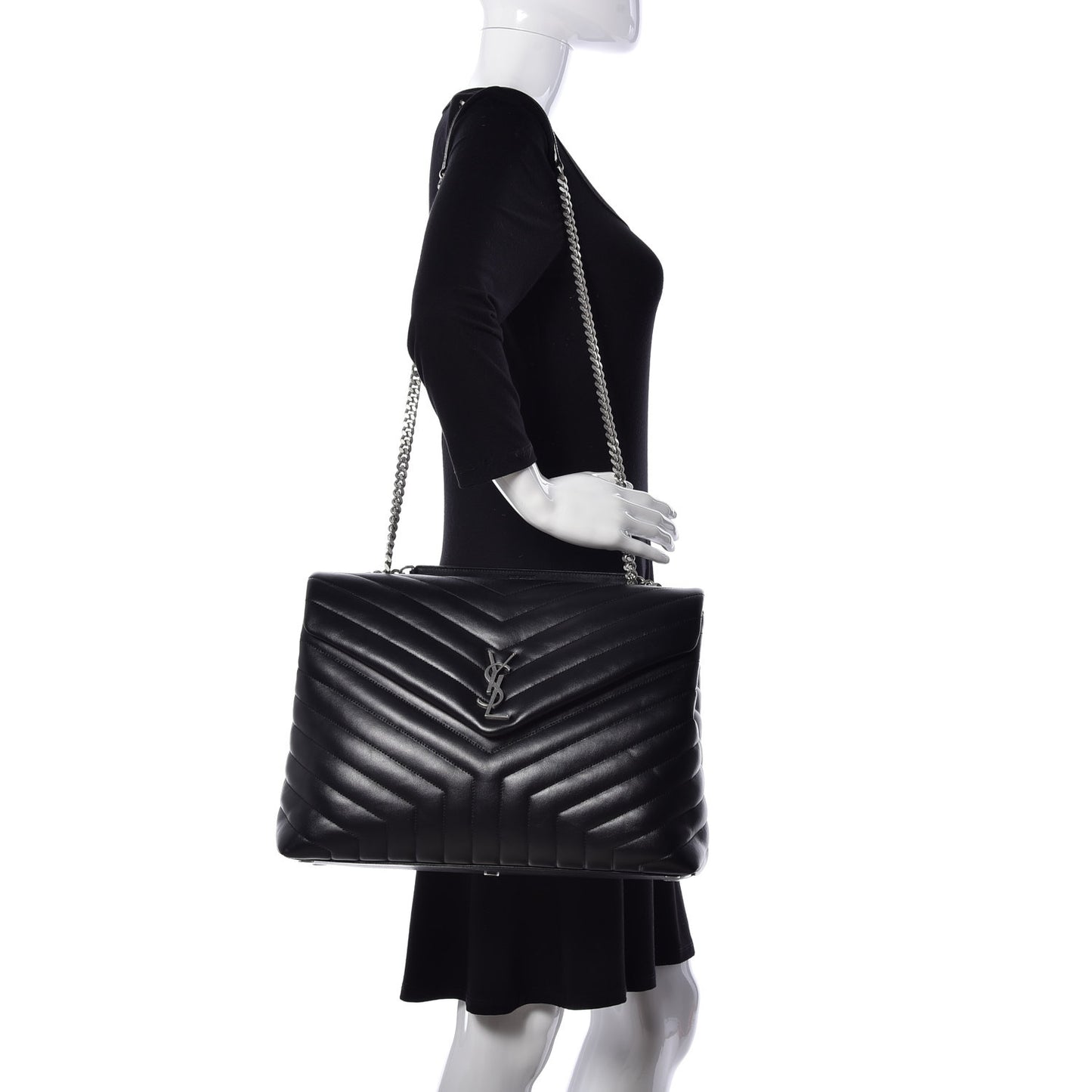 Calfskin Y Quilted Monogram Large Loulou Chain Satchel Black