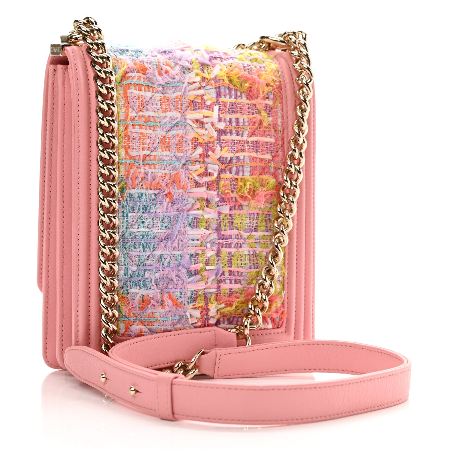 Chanel Calfskin Tweed Quilted North South Boy Flap Pink 3 of 10