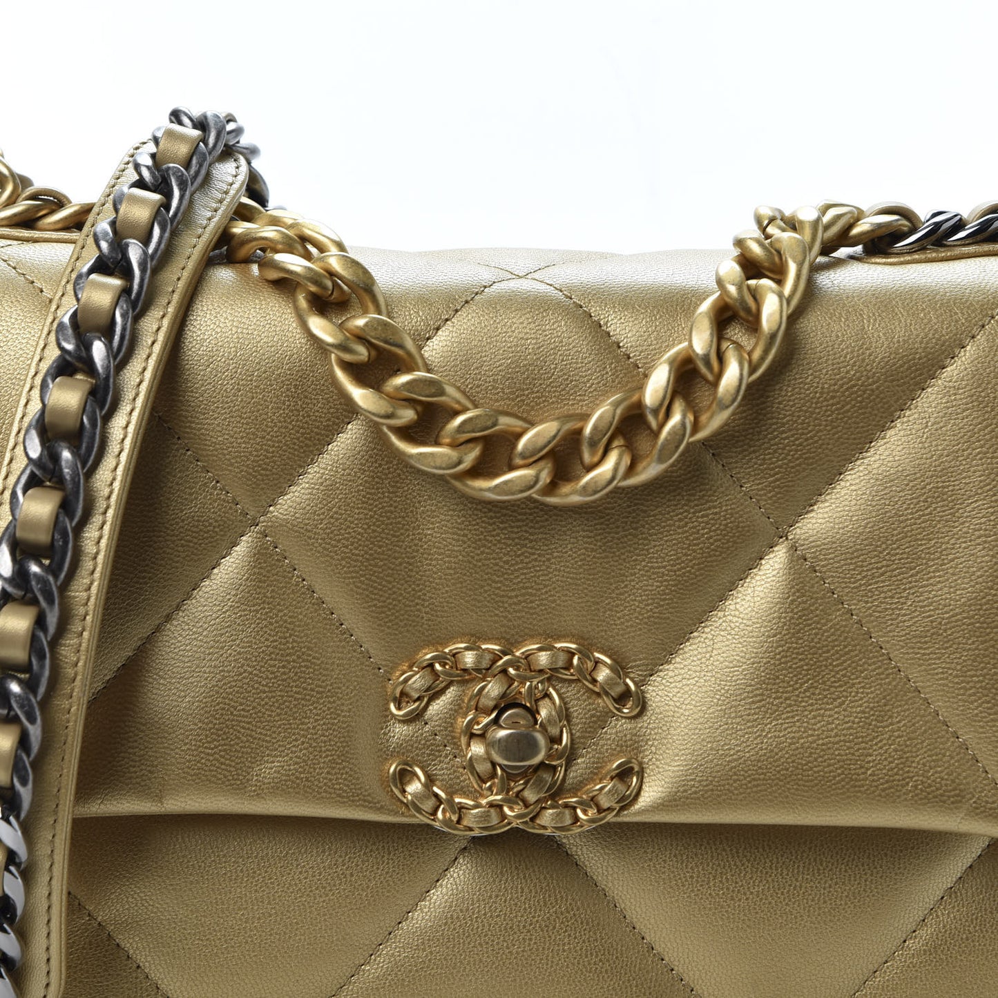 Metallic Goatskin Quilted Medium 19 Flap Gold