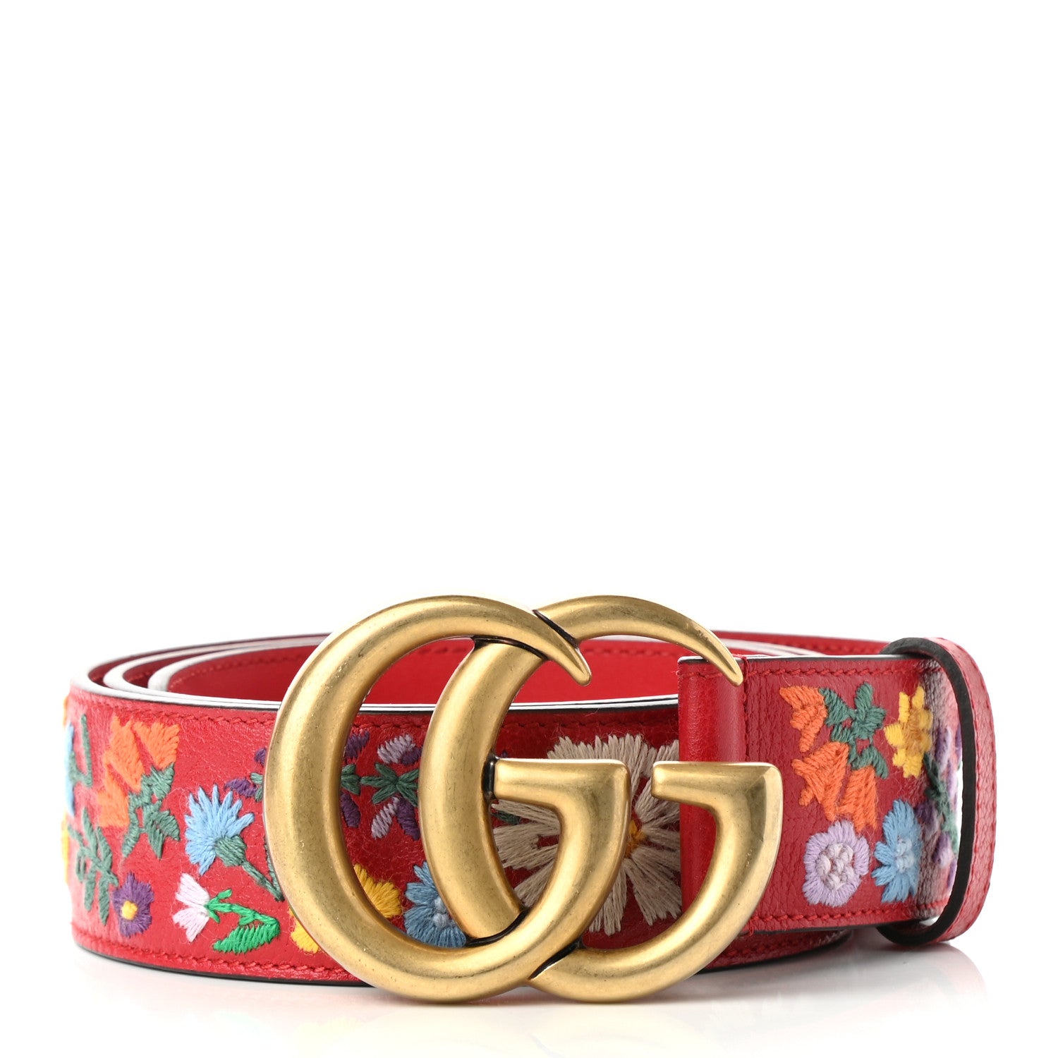 Gucci Textured Calfskin Flower Embroidered Double G 40mm Belt 90 36 Hibiscus Red 1 of 3
