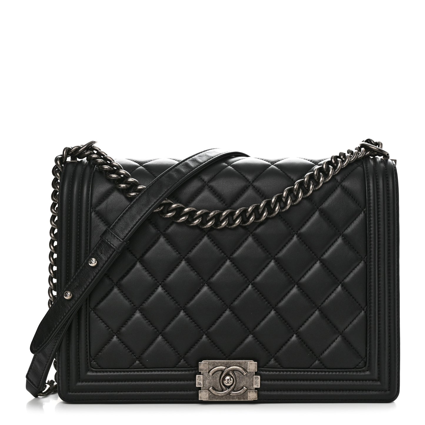 Calfskin Quilted Large Boy Flap Black