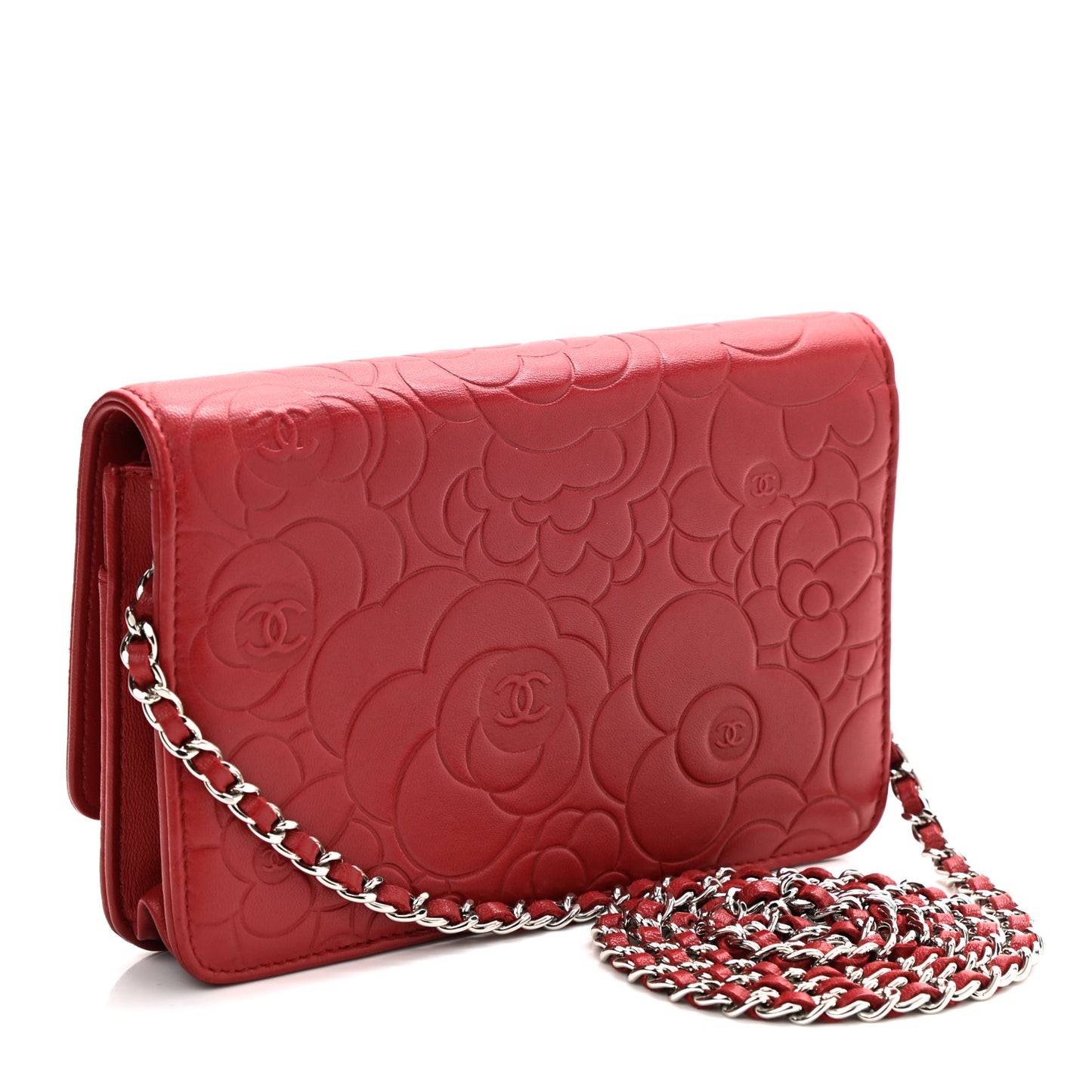 Lambskin Camellia Embossed Wallet On Chain WOC Red