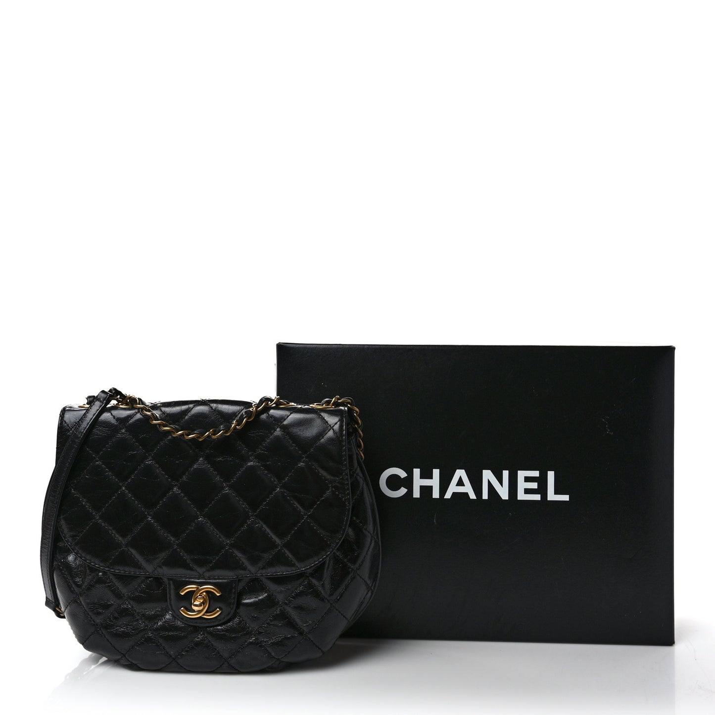 Glazed Calfskin Quilted Medium Bubble CC Flap Black