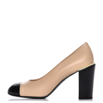 Chanel Lambskin Pearl Cap Toe Pumps 40.5 Beige Black 1 of 8