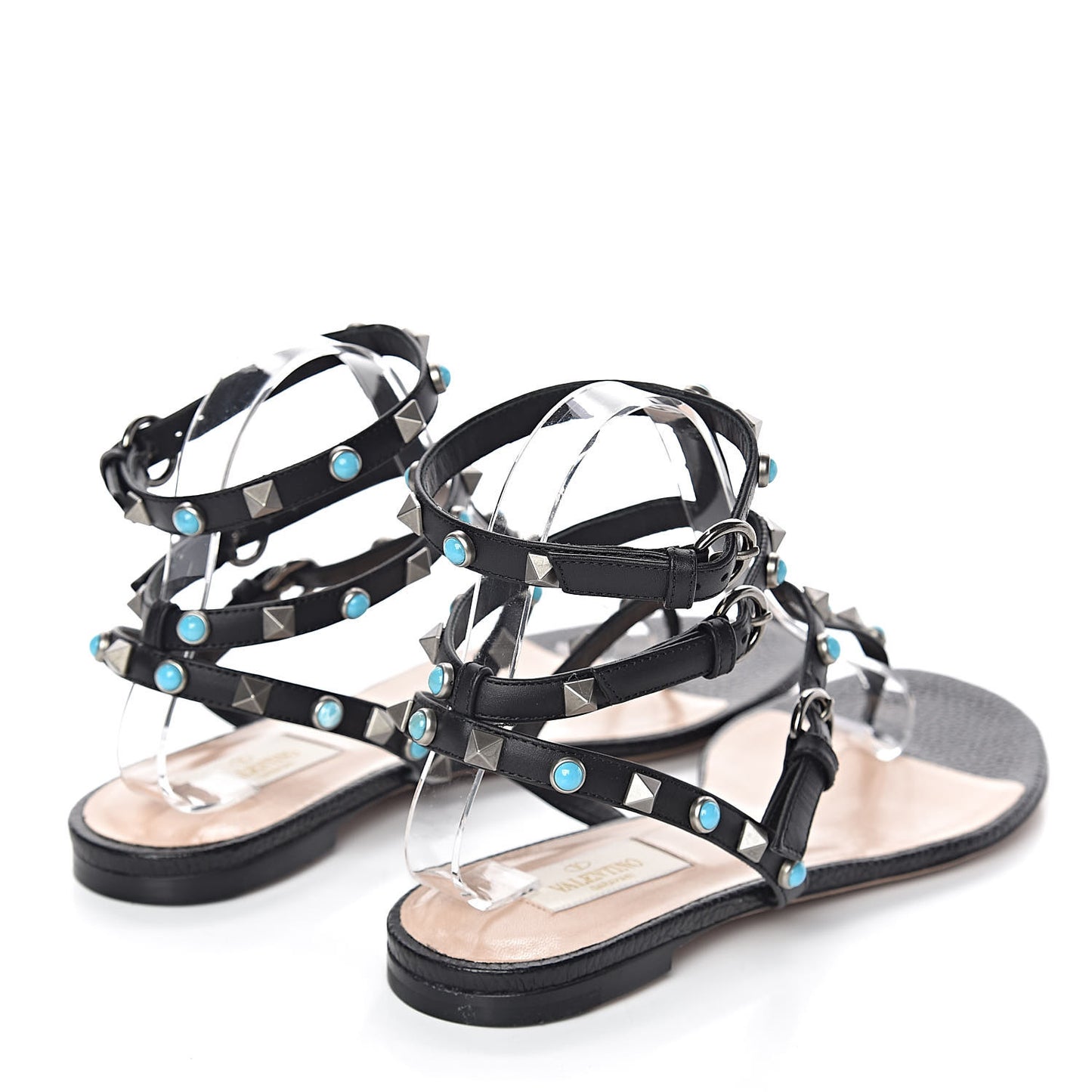 Pebbled Calfskin Rockstud Rolling Ankle Wrap Flat Thong Sandals 39.5 Black