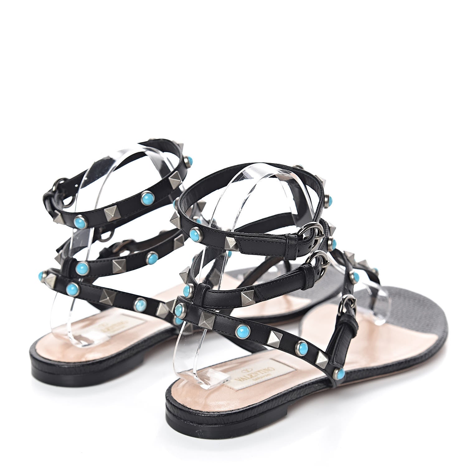 Valentino Garavani Pebbled Calfskin Rockstud Rolling Ankle Wrap Flat Thong Sandals 39.5 Black 4 of 8