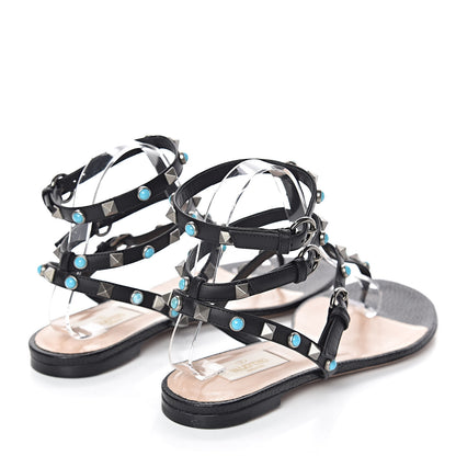 Valentino Garavani Pebbled Calfskin Rockstud Rolling Ankle Wrap Flat Thong Sandals 39.5 Black 4 of 8