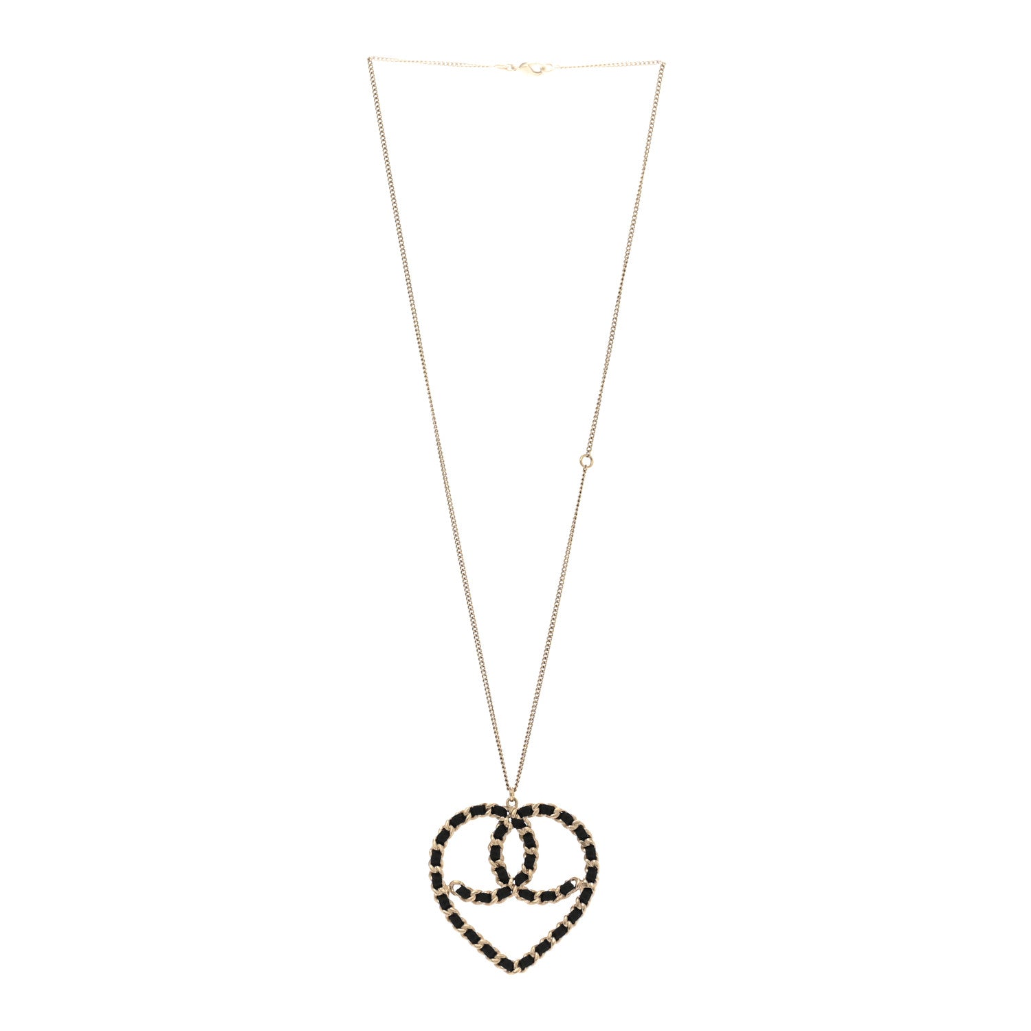 Chanel Satin Metal Chain CC Heart Necklace Black Gold 3 of 6
