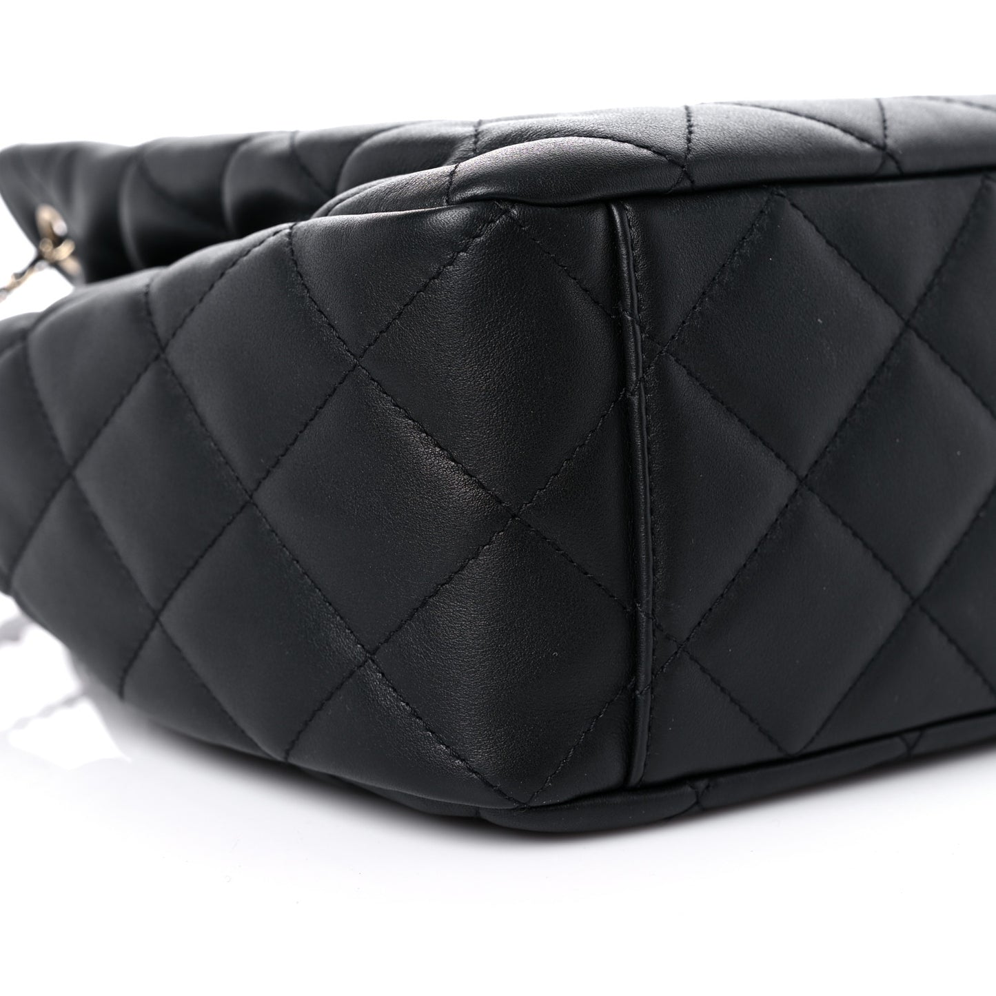 Grained Calfskin Quilted CC Chain Bucket Drawstring Bag Black