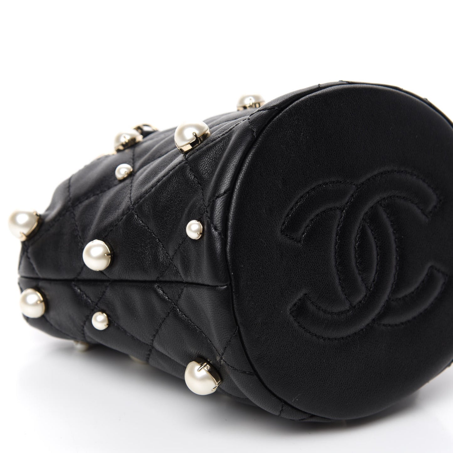 Lambskin Quilted Pearl Mini About Pearls Drawstring Bag Black