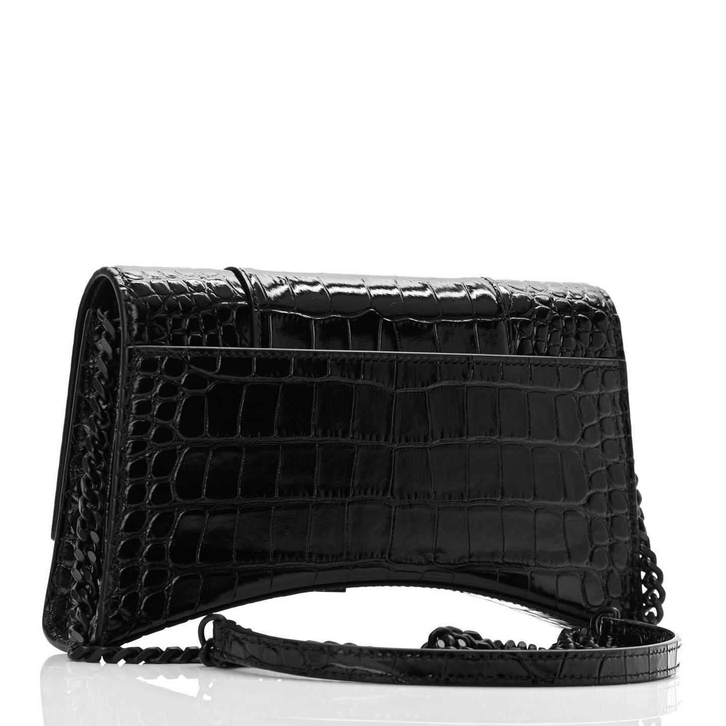 Shiny Calfskin Monochrome Crocodile Embossed Small Hourglass Evening Chain Bag Black