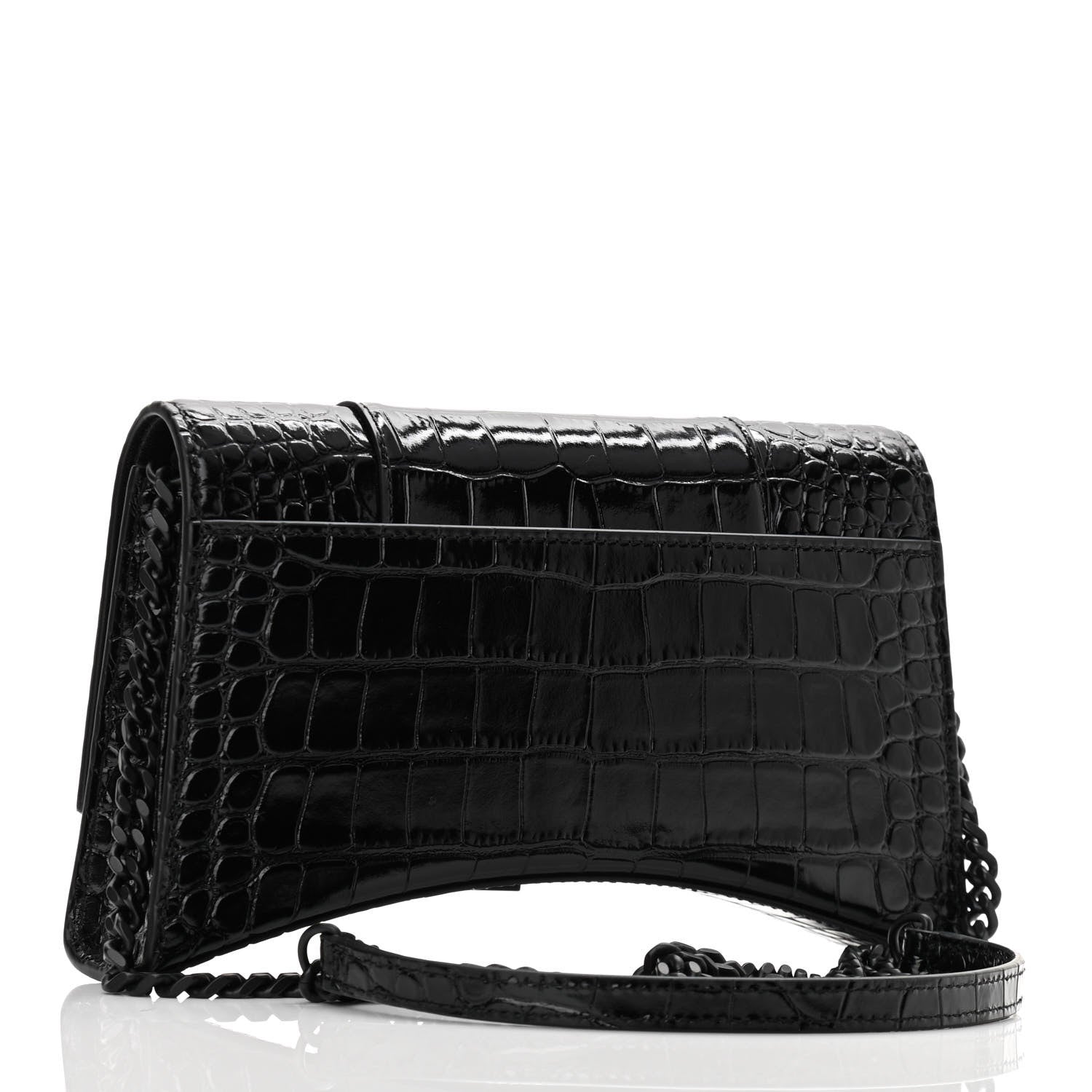 Balenciaga Shiny Calfskin Monochrome Crocodile Embossed Small Hourglass Evening Chain Bag Black 2 of 8