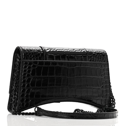 Balenciaga Shiny Calfskin Monochrome Crocodile Embossed Small Hourglass Evening Chain Bag Black 2 of 8