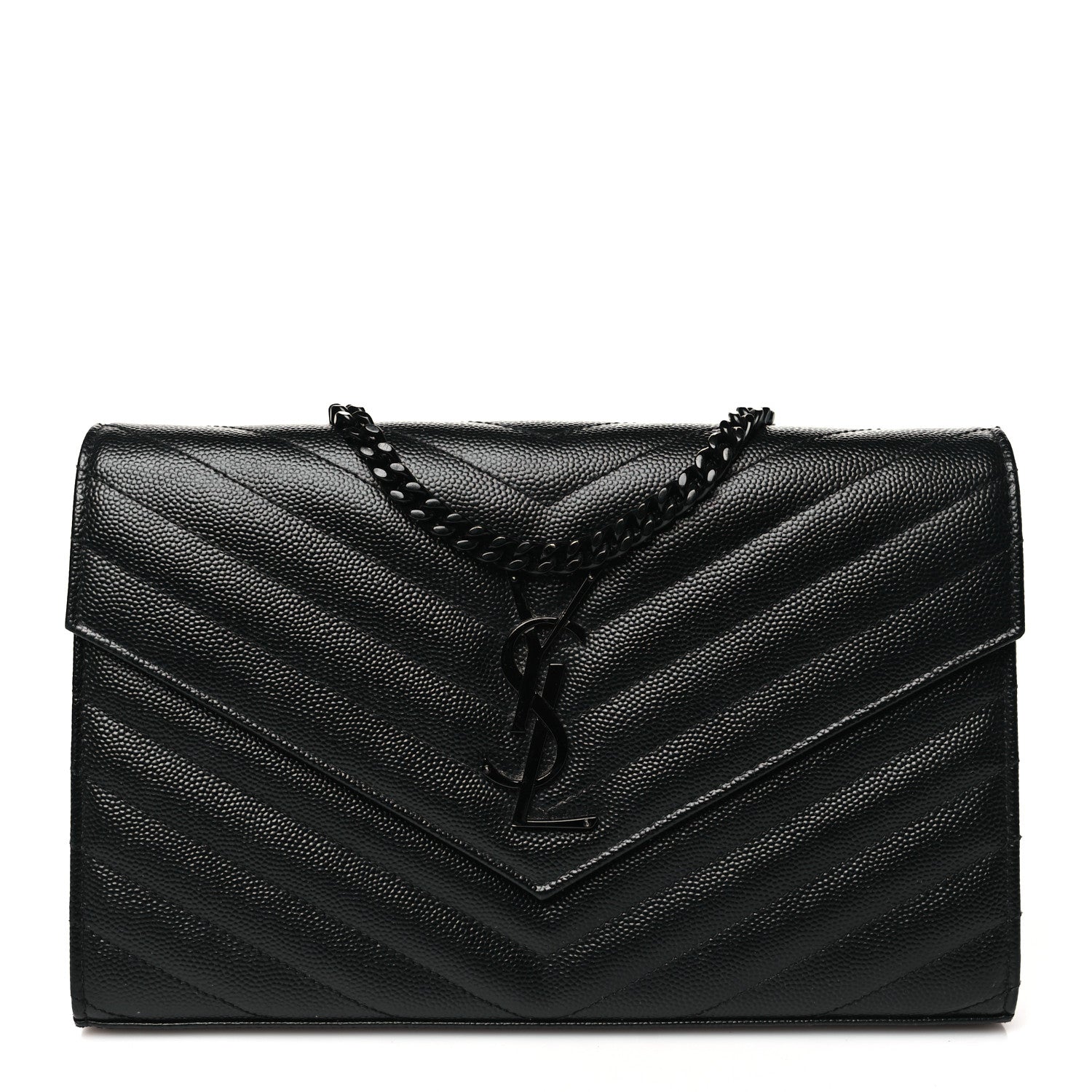 Saint Laurent Grain De Poudre Matelasse Chevron Monogram Monochrome Chain Wallet Black 1 of 9