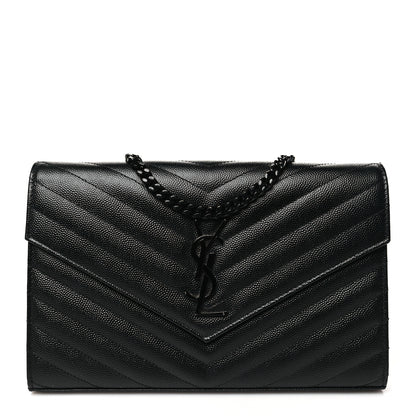 Saint Laurent Grain De Poudre Matelasse Chevron Monogram Monochrome Chain Wallet Black 1 of 9
