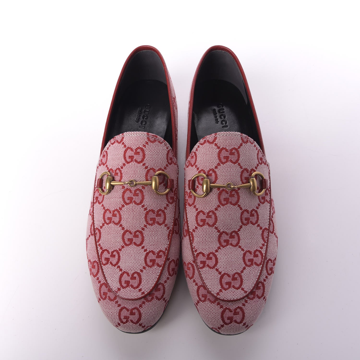 Gucci Canvas GG Monogram Horsebit Womens Jordaan Loafers 38 Gardenia Hibiscus Red 5 of 11