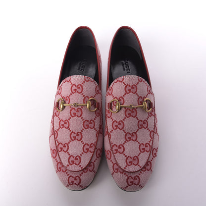 Gucci Canvas GG Monogram Horsebit Womens Jordaan Loafers 38 Gardenia Hibiscus Red 5 of 11