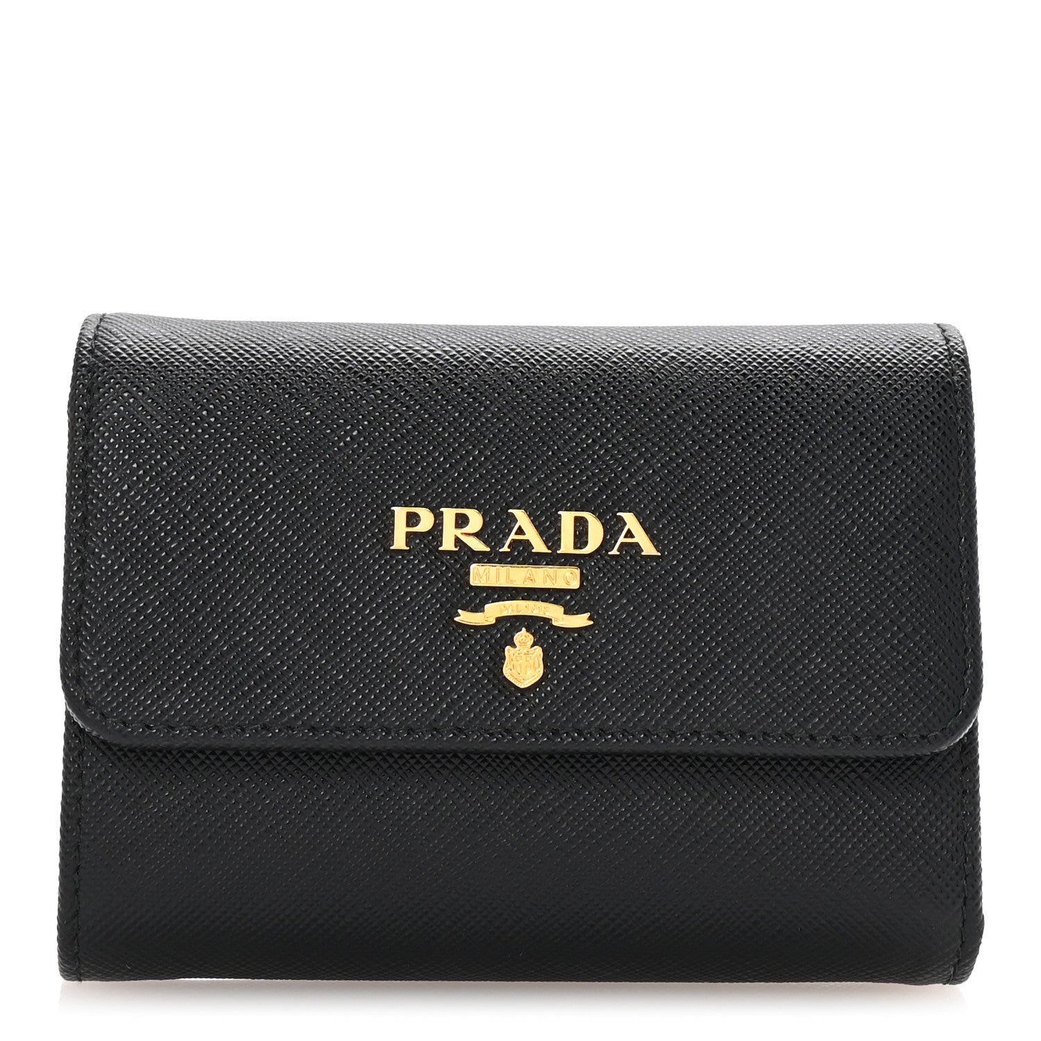Prada Saffiano Metal Tri-Fold Wallet Black Hibiscus 1 of 7