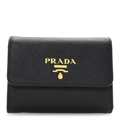 Prada Saffiano Metal Tri-Fold Wallet Black Hibiscus 1 of 7
