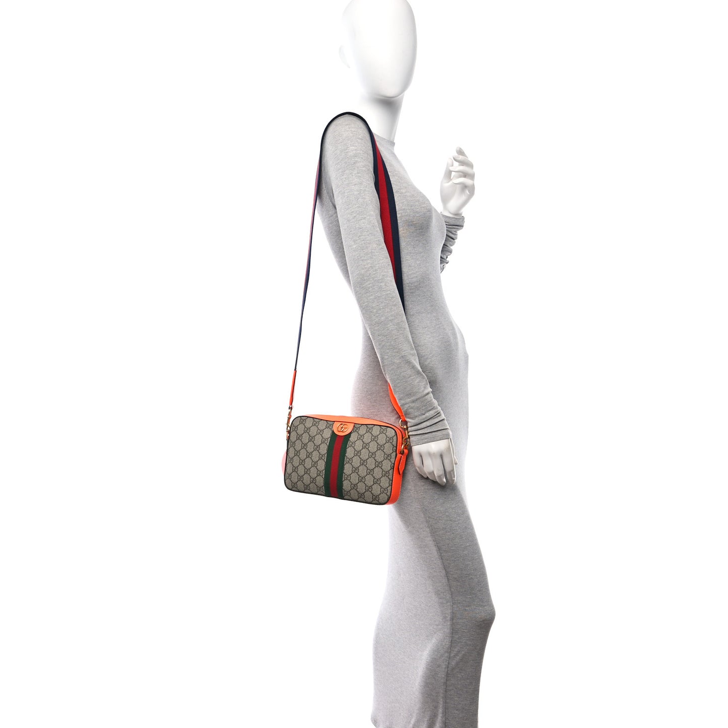 GG Supreme Monogram Textured Dollar Calfskin Web Ophidia Wristlet Shoulder Bag Beige Ebony Orange