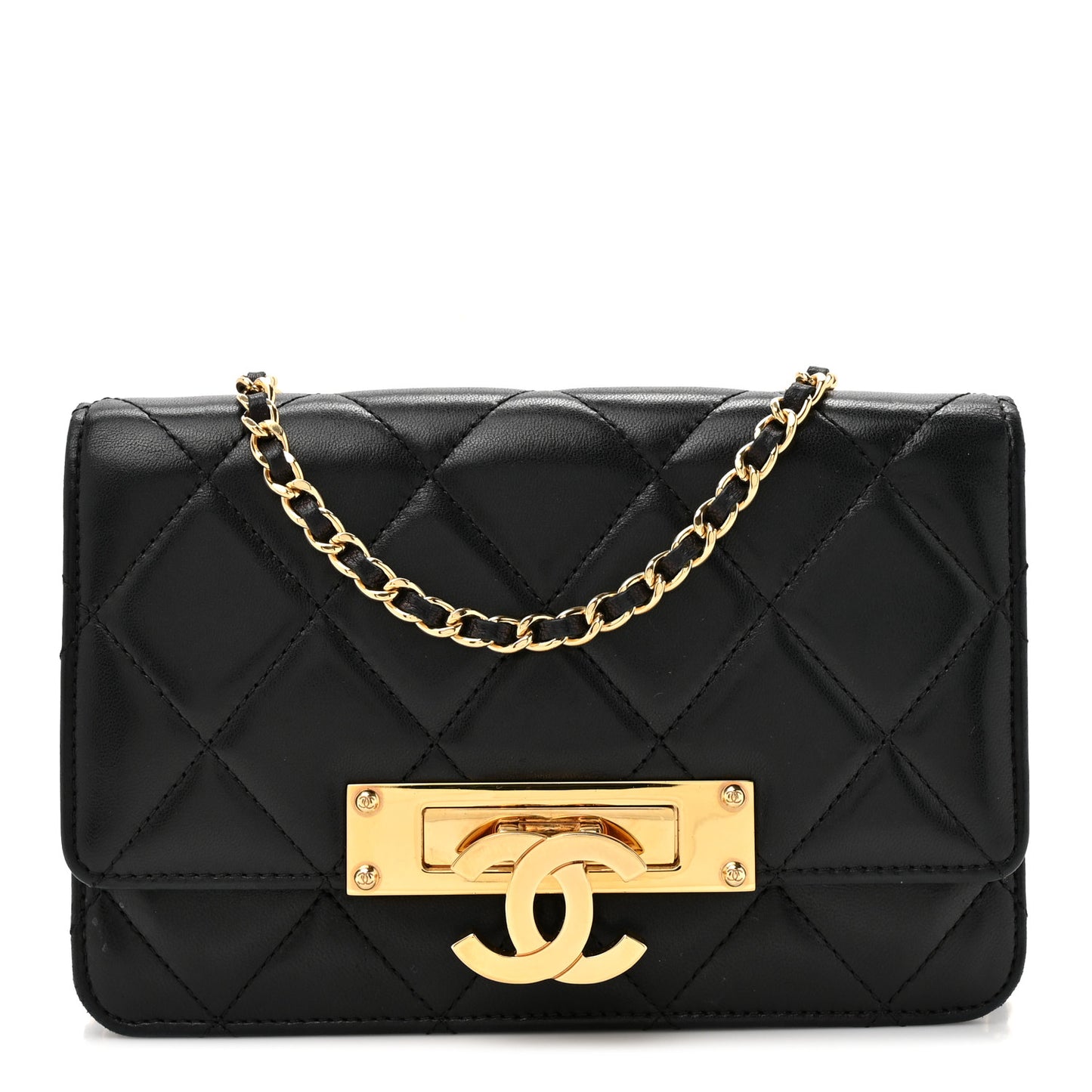 Lambskin Quilted Golden Class Wallet on Chain WOC Black